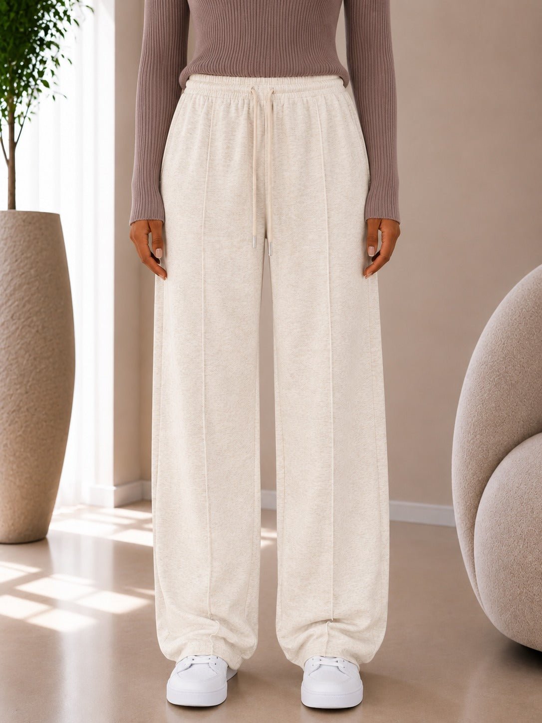 Ladies Cream Wide Leg Drawstring Sweatpants - StylePhase SA