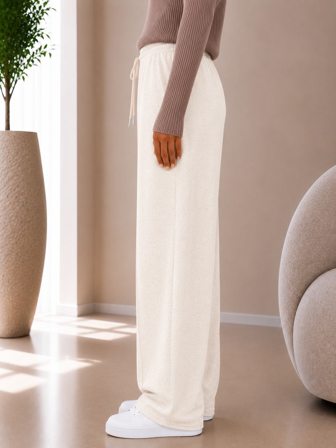 Ladies Cream Wide Leg Drawstring Sweatpants - StylePhase SA