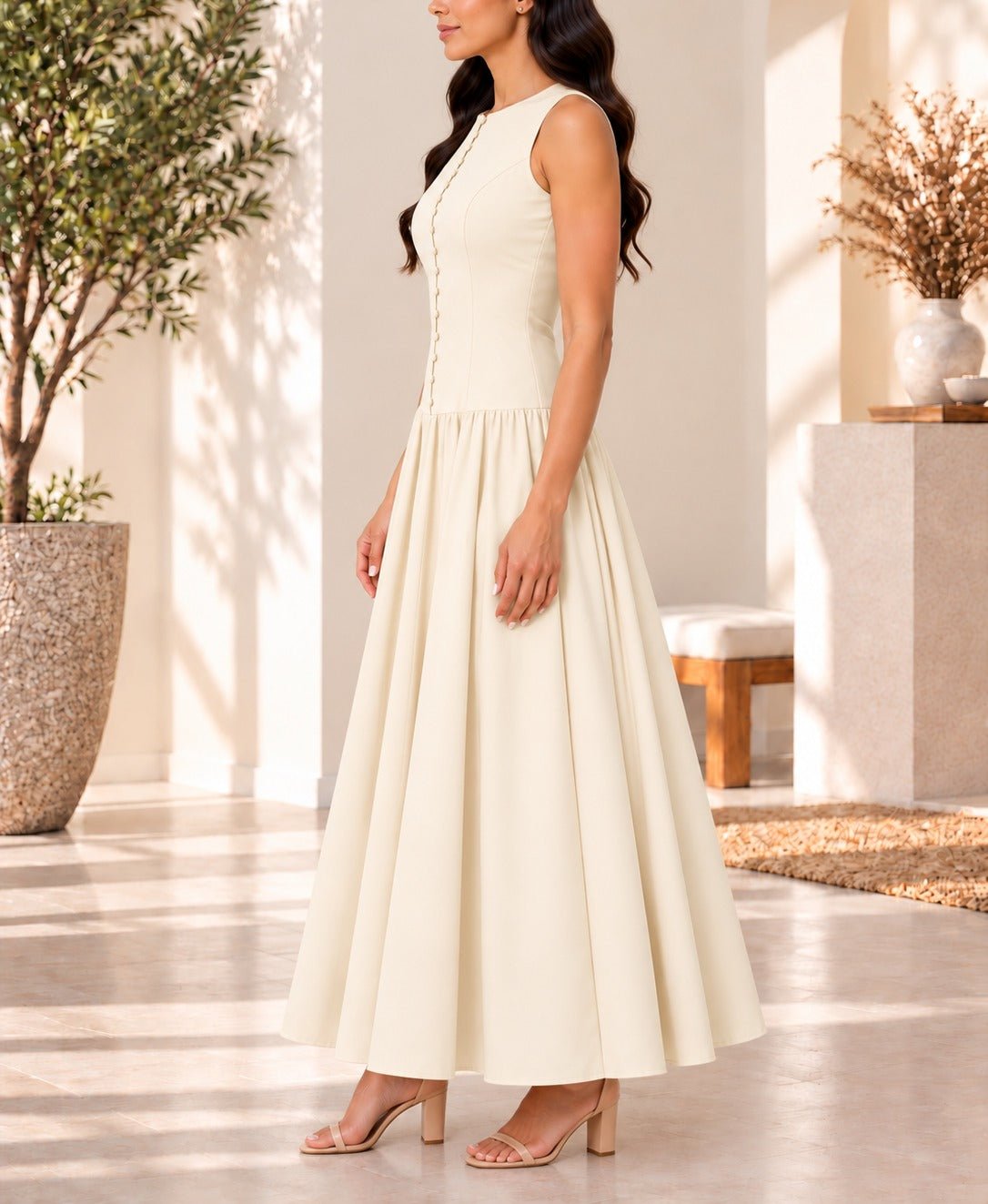 Ladies Cream Zip Back Button Front Dress - StylePhase SA