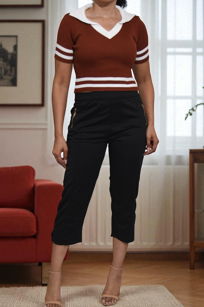 Ladies Crop Brown Collar Top - StylePhase SA