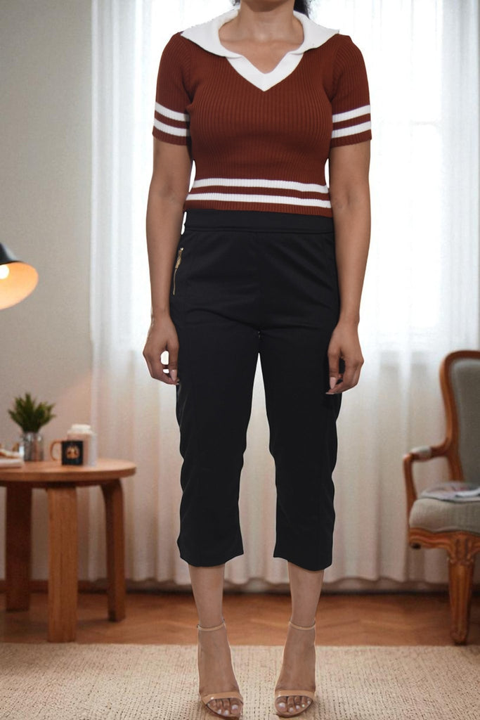 Ladies Crop Brown Collar Top - StylePhase SA