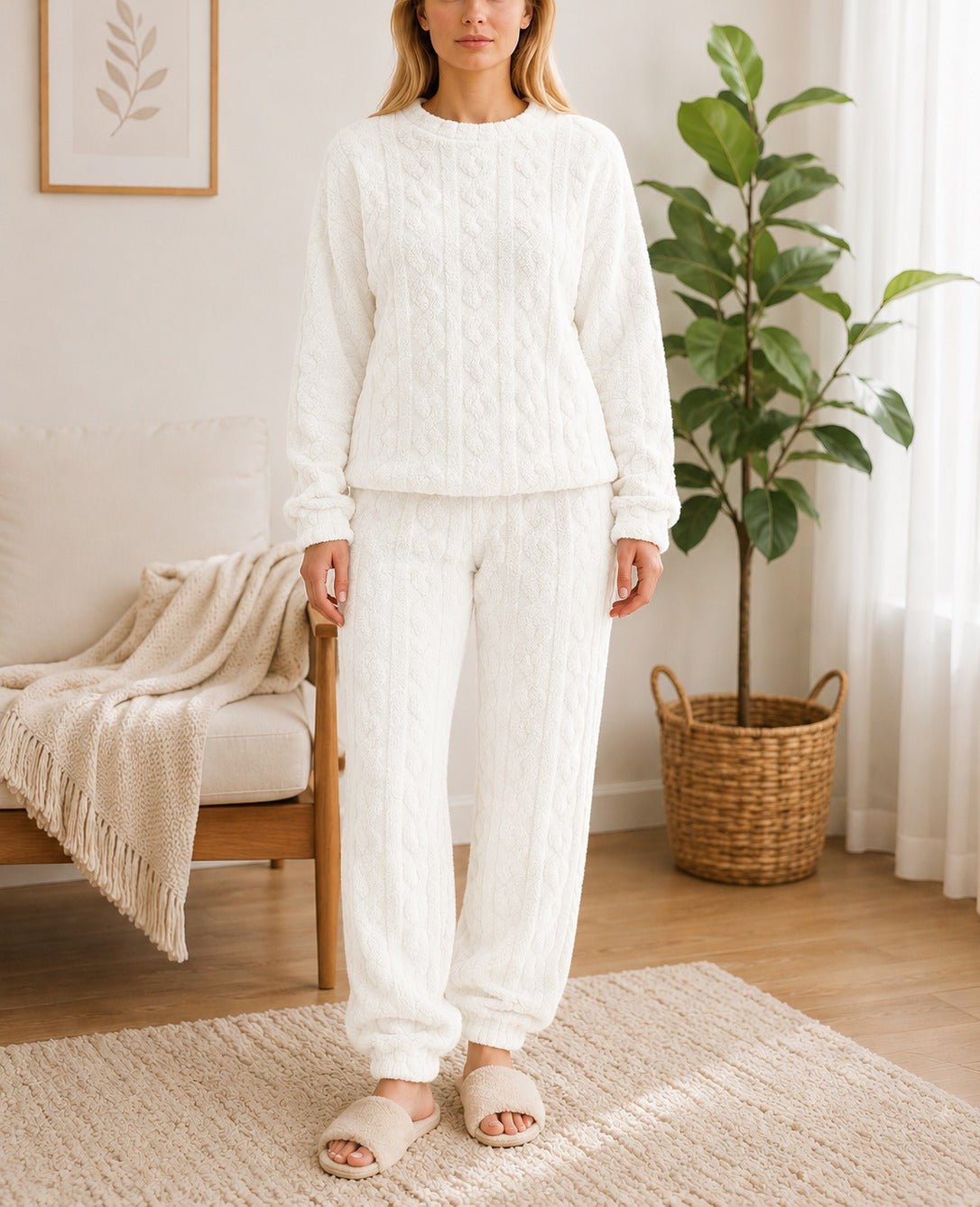 Ladies Cuffed Plush Pj - White - StylePhase SA