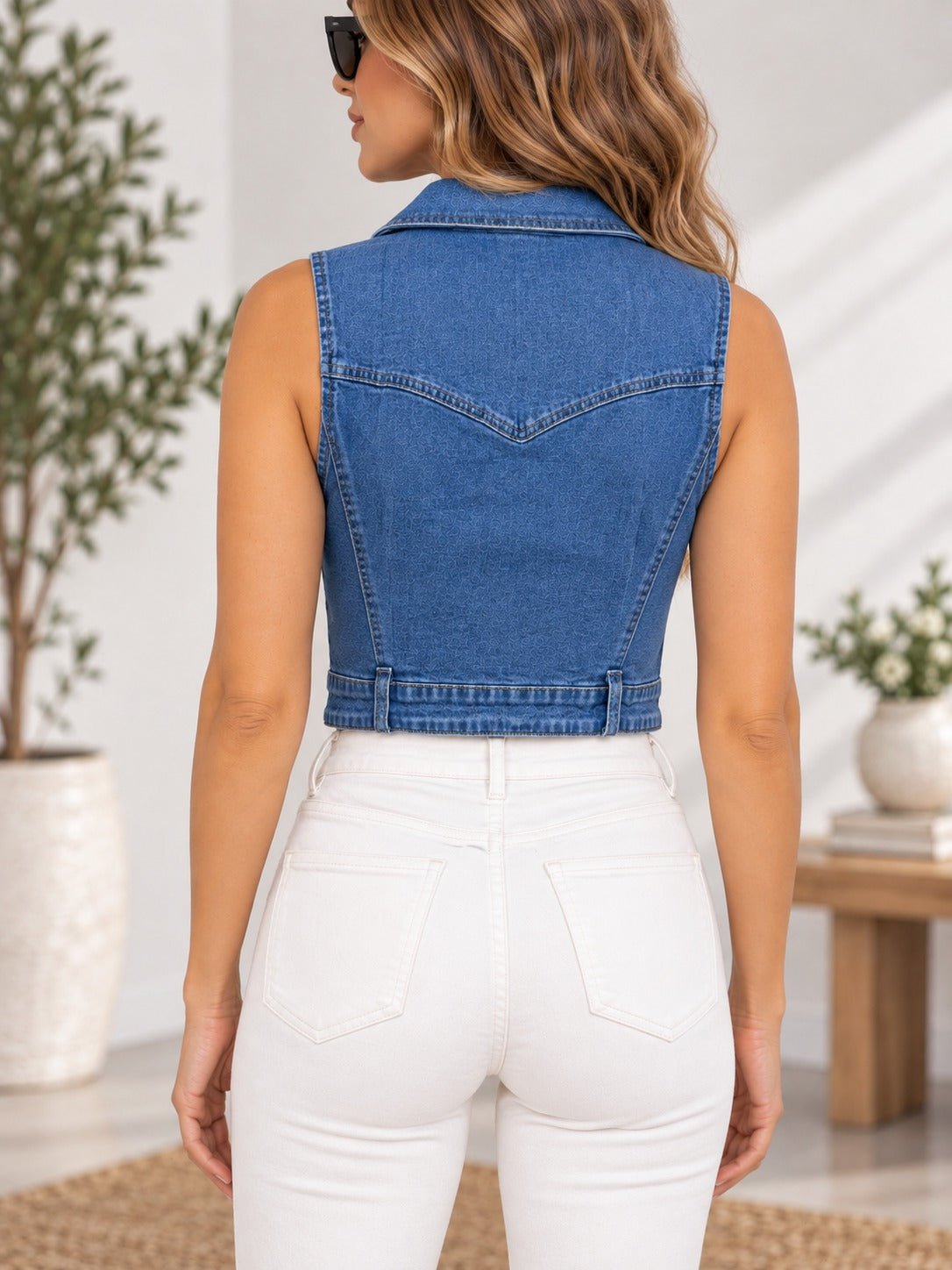 Ladies Dark Blue Denim Front Zipper Crop Top - StylePhase SA