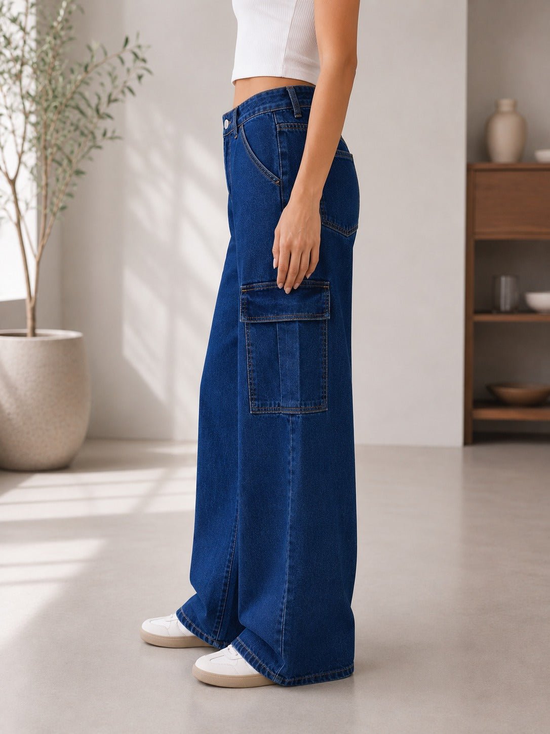 Ladies Dark Blue Wide Leg Baggy Jeans - StylePhase SA