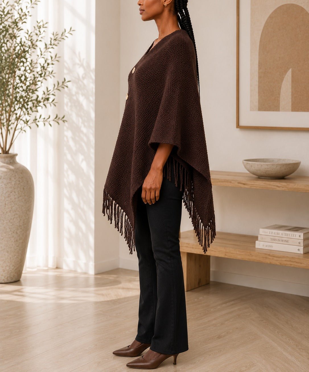Ladies Dark Brown Button Detailed Knit Poncho - StylePhase SA