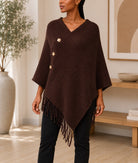 Ladies Dark Brown Button Detailed Knit Poncho - StylePhase SA