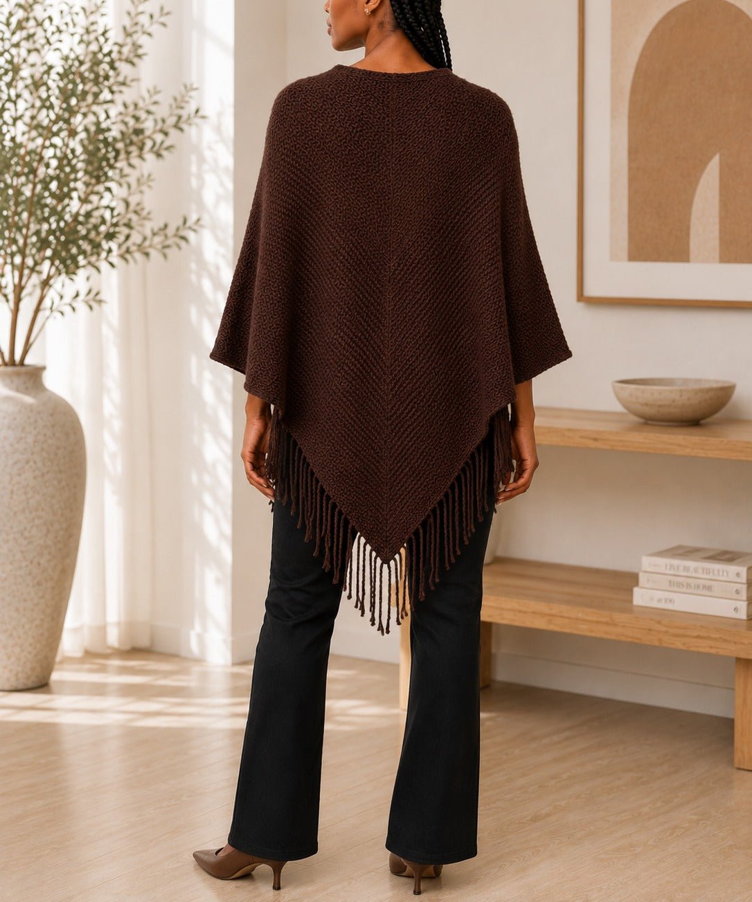 Ladies Dark Brown Button Detailed Knit Poncho - StylePhase SA
