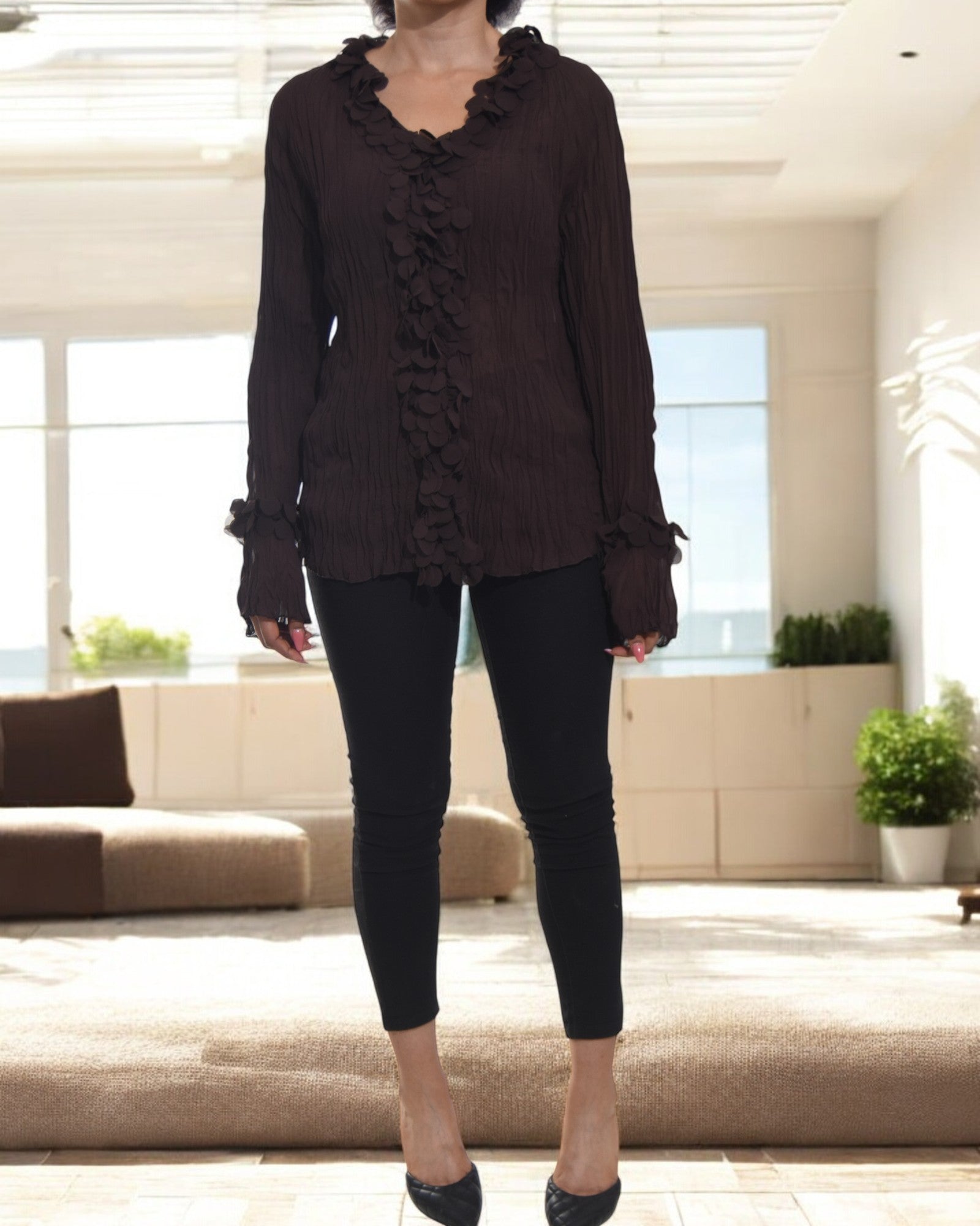 Ladies Dark Brown Front Frill Top - StylePhase SA