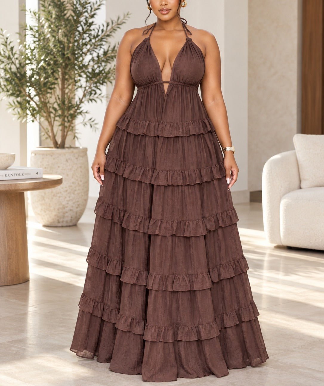 Ladies Dark Brown Layered Maxi Strappy Dress - StylePhase SA