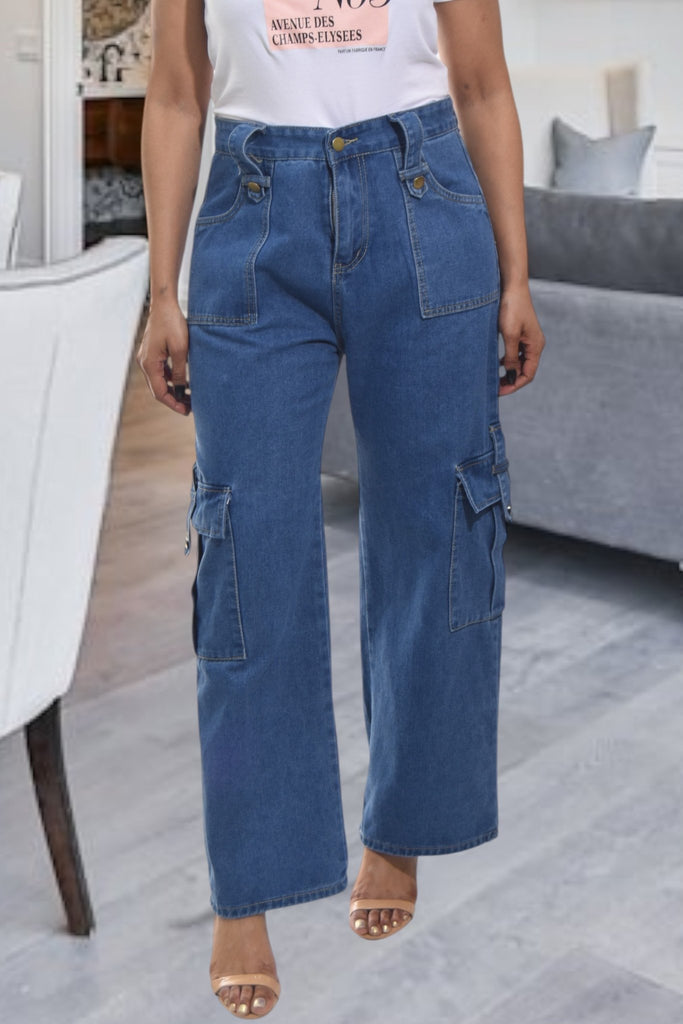 Ladies Dark Denim High Waist Cargo Jeans - StylePhase SA