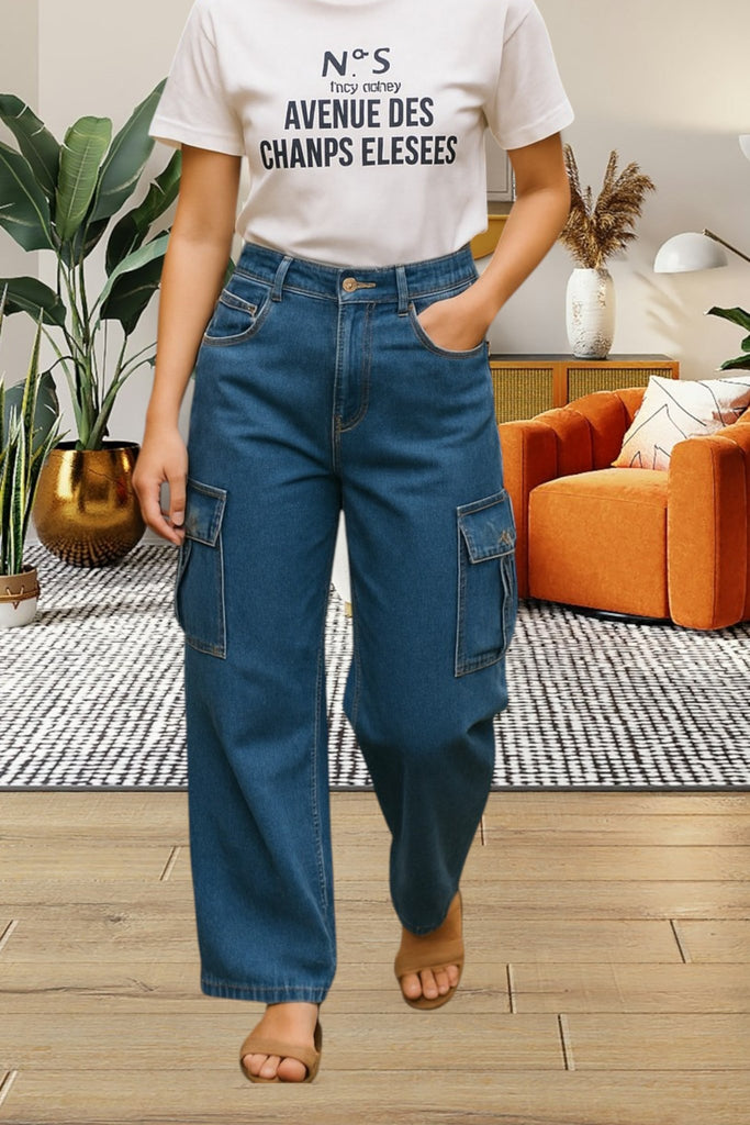 Ladies Dark Denim High Waist Cargo Jeans - StylePhase SA