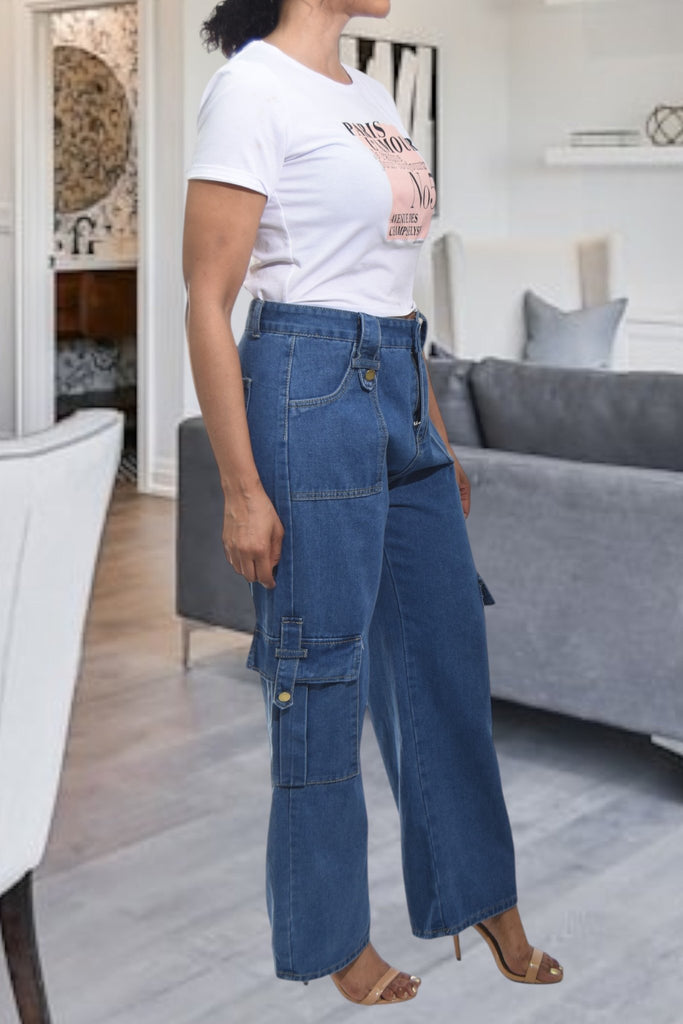 Ladies Dark Denim High Waist Cargo Jeans - StylePhase SA