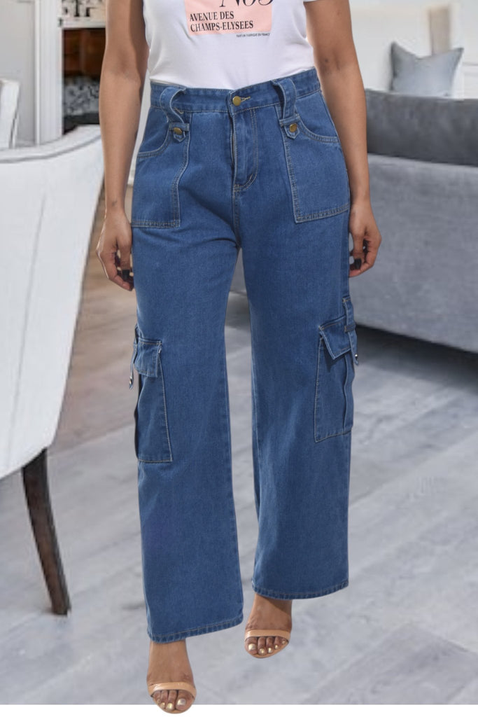 Ladies Dark Denim High Waist Cargo Jeans - StylePhase SA