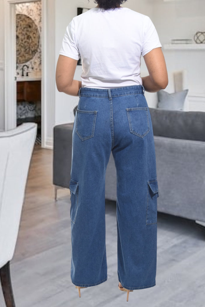 Ladies Dark Denim High Waist Cargo Jeans - StylePhase SA