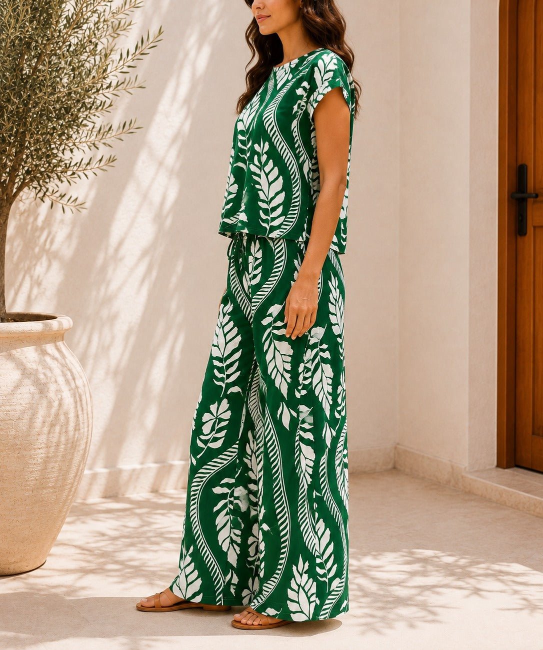 Ladies Dark Green Botanical Print Two Piece Set - StylePhase SA