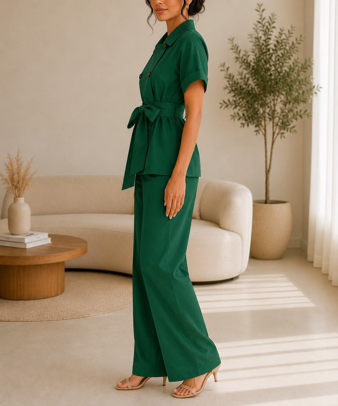 Ladies Dark Green Button Front Two-Piece Set - StylePhase SA
