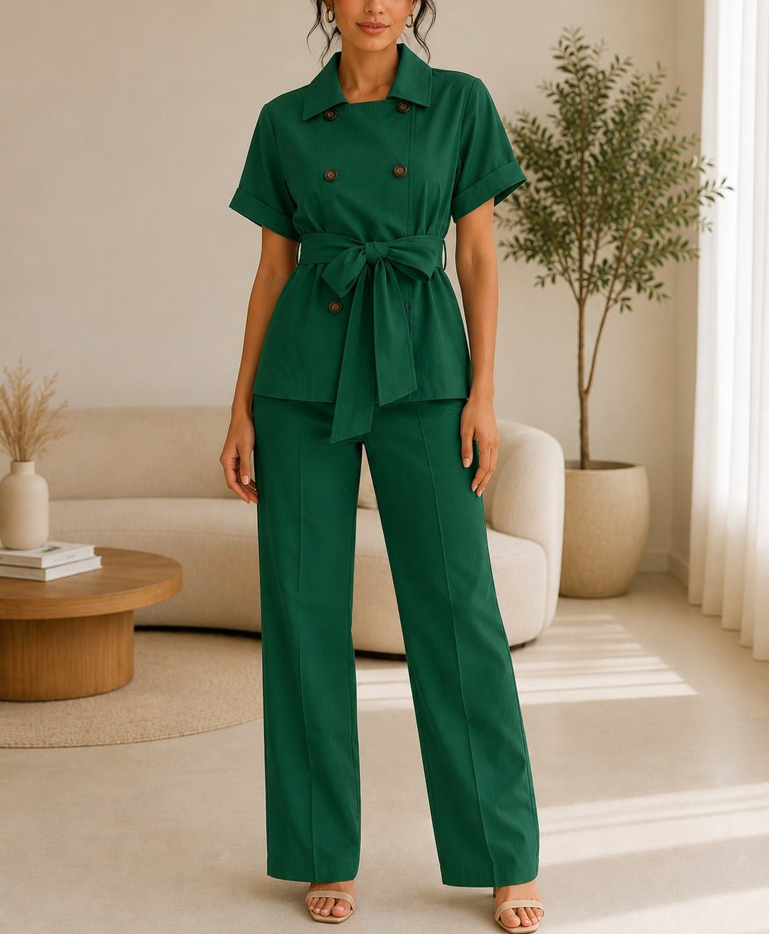 Ladies Dark Green Button Front Two-Piece Set - StylePhase SA