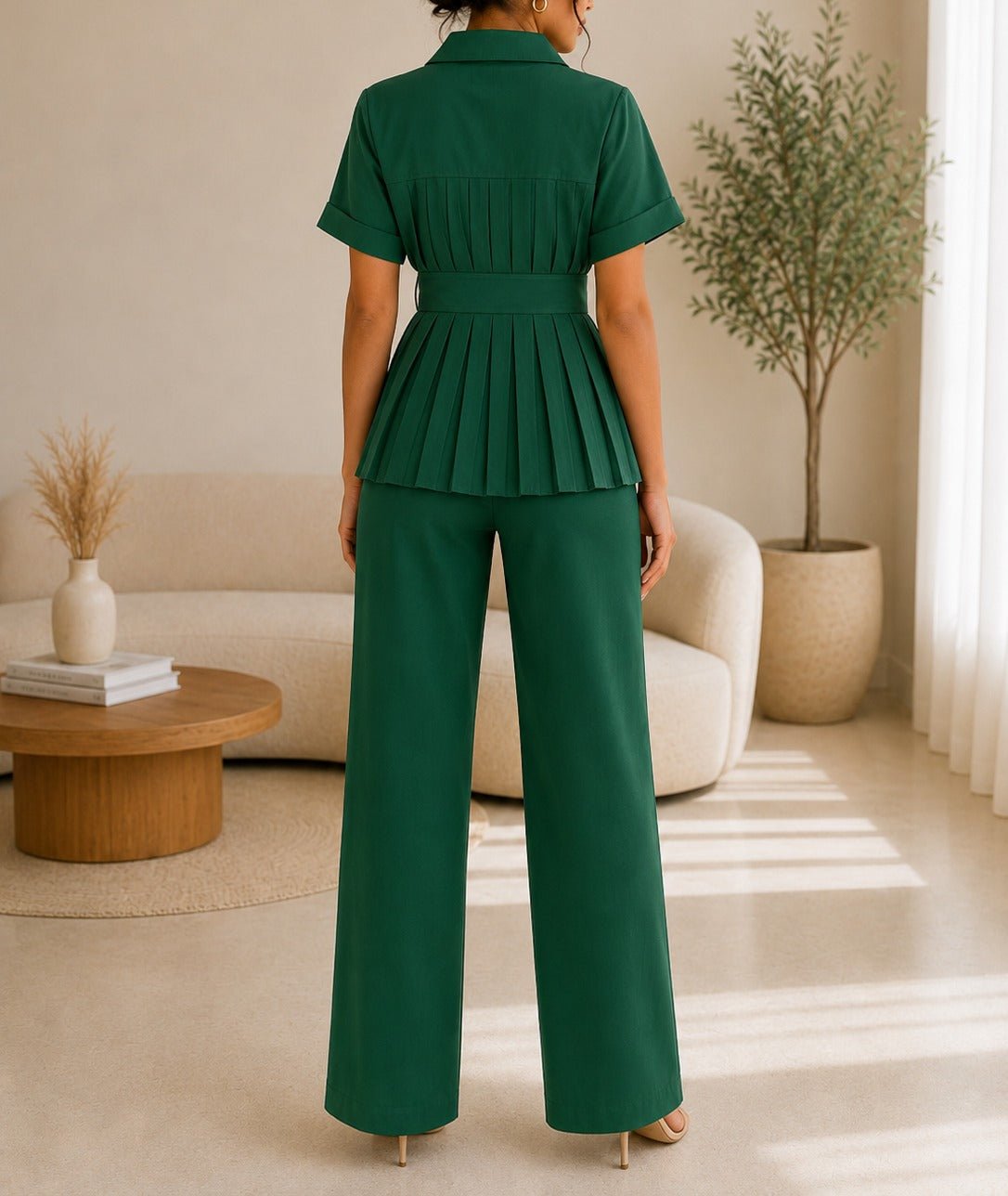 Ladies Dark Green Button Front Two-Piece Set - StylePhase SA
