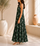 Ladies Dark Green Floral Print Midi V-Neck Pocket Dress - StylePhase SA