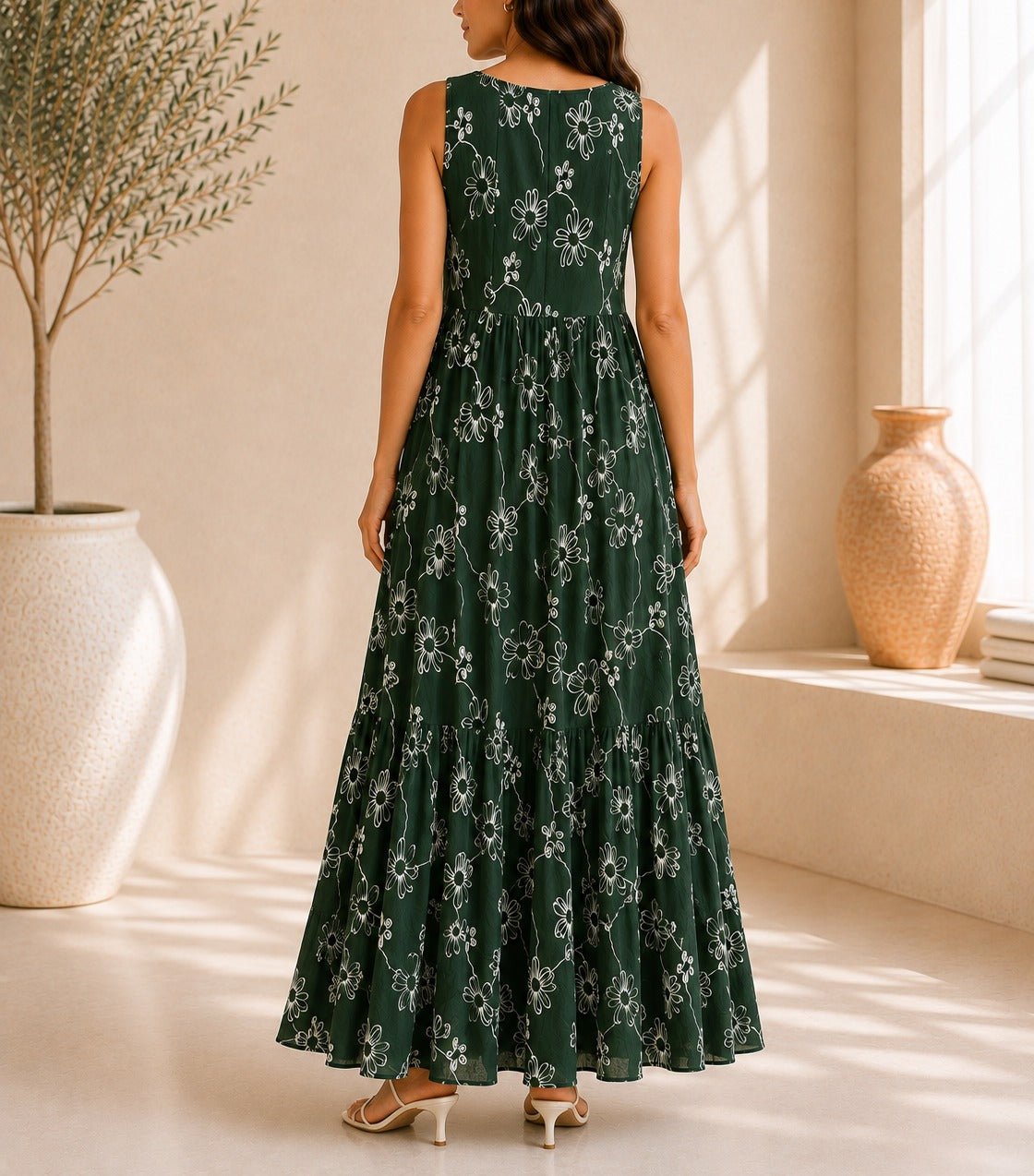 Ladies Dark Green Floral Print Midi V-Neck Pocket Dress - StylePhase SA