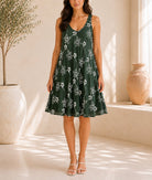 Ladies Dark Green Floral Print Midi V-Neck Pocket Dress - StylePhase SA