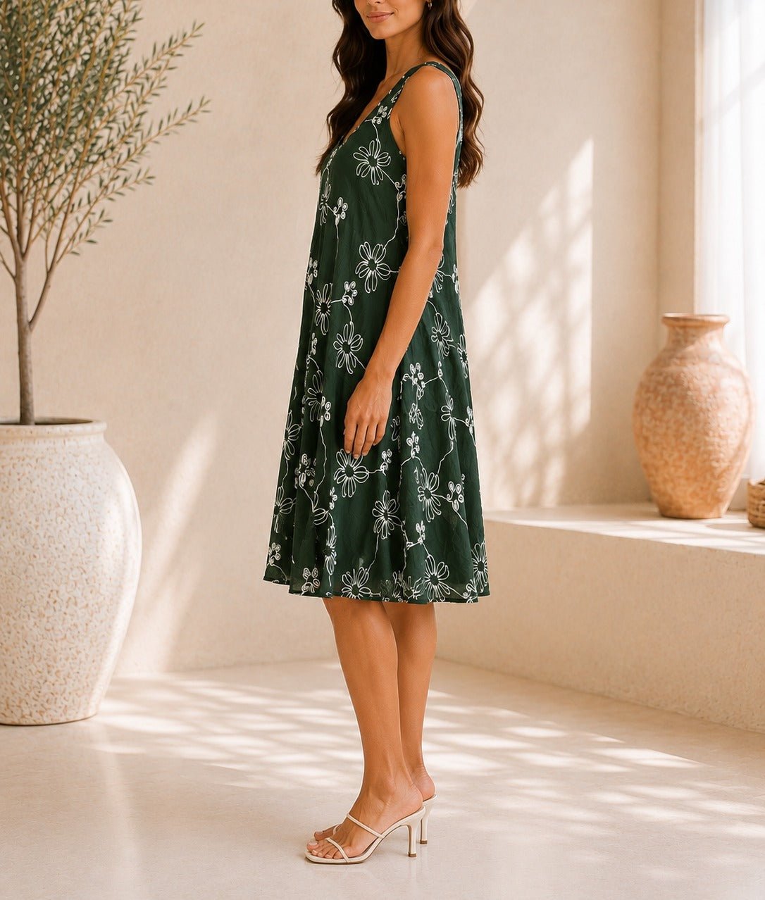 Ladies Dark Green Floral Print Midi V-Neck Pocket Dress - StylePhase SA