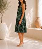 Ladies Dark Green Floral Print Midi V-Neck Pocket Dress - StylePhase SA