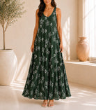 Ladies Dark Green Floral Print Midi V-Neck Pocket Dress - StylePhase SA