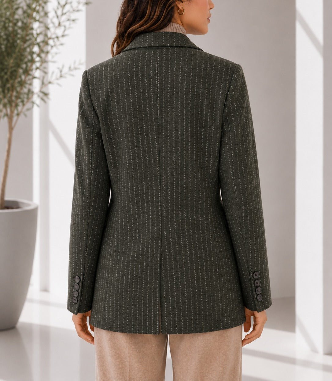 Ladies Dark Green Pinstriped Brooch Blazer - StylePhase SA