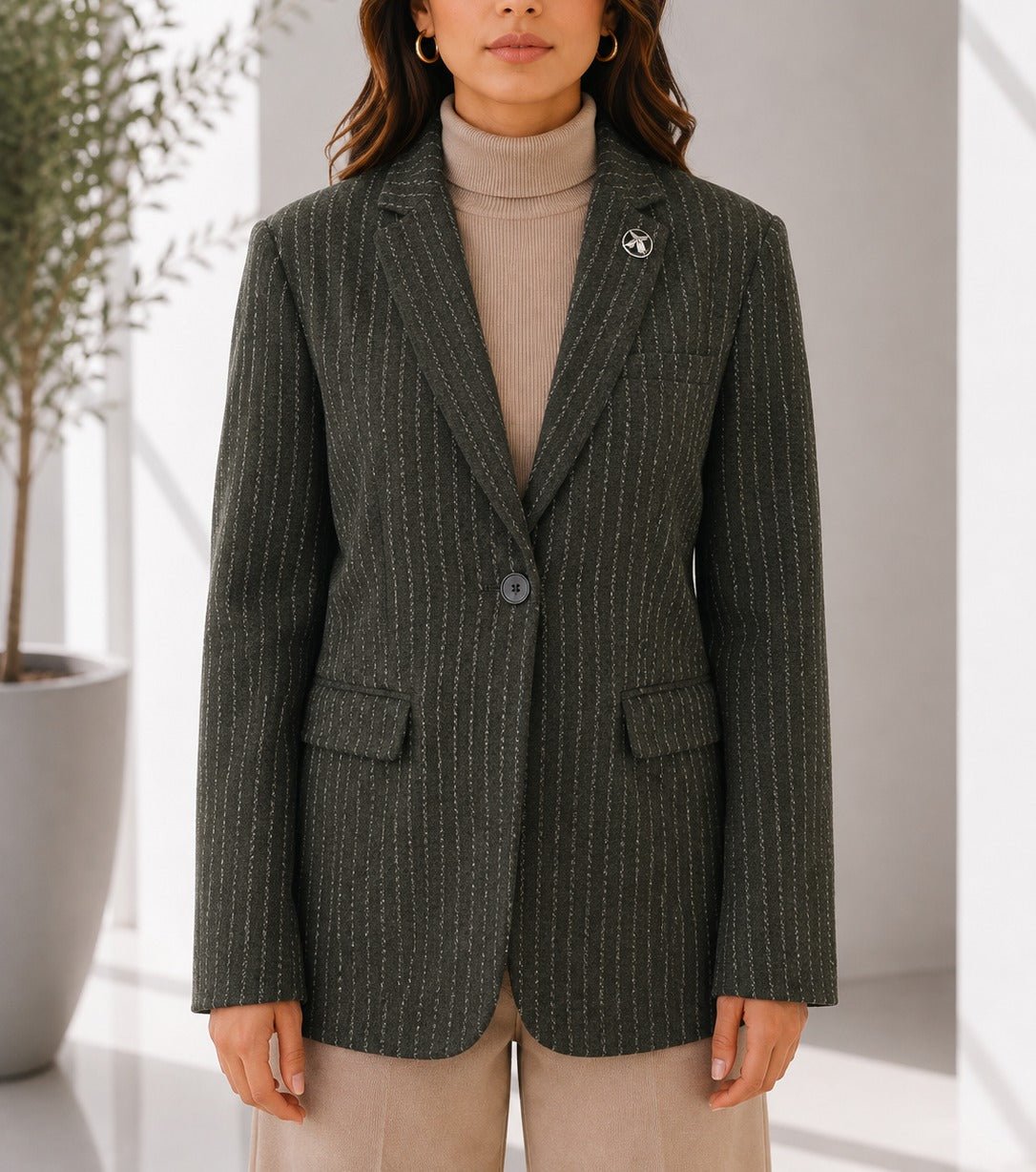 Ladies Dark Green Pinstriped Brooch Blazer - StylePhase SA