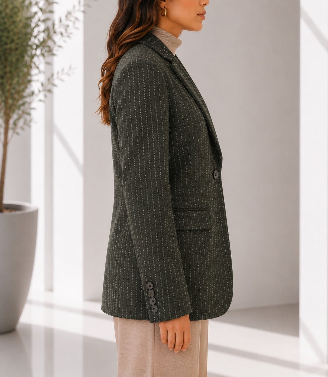 Ladies Dark Green Pinstriped Brooch Blazer - StylePhase SA