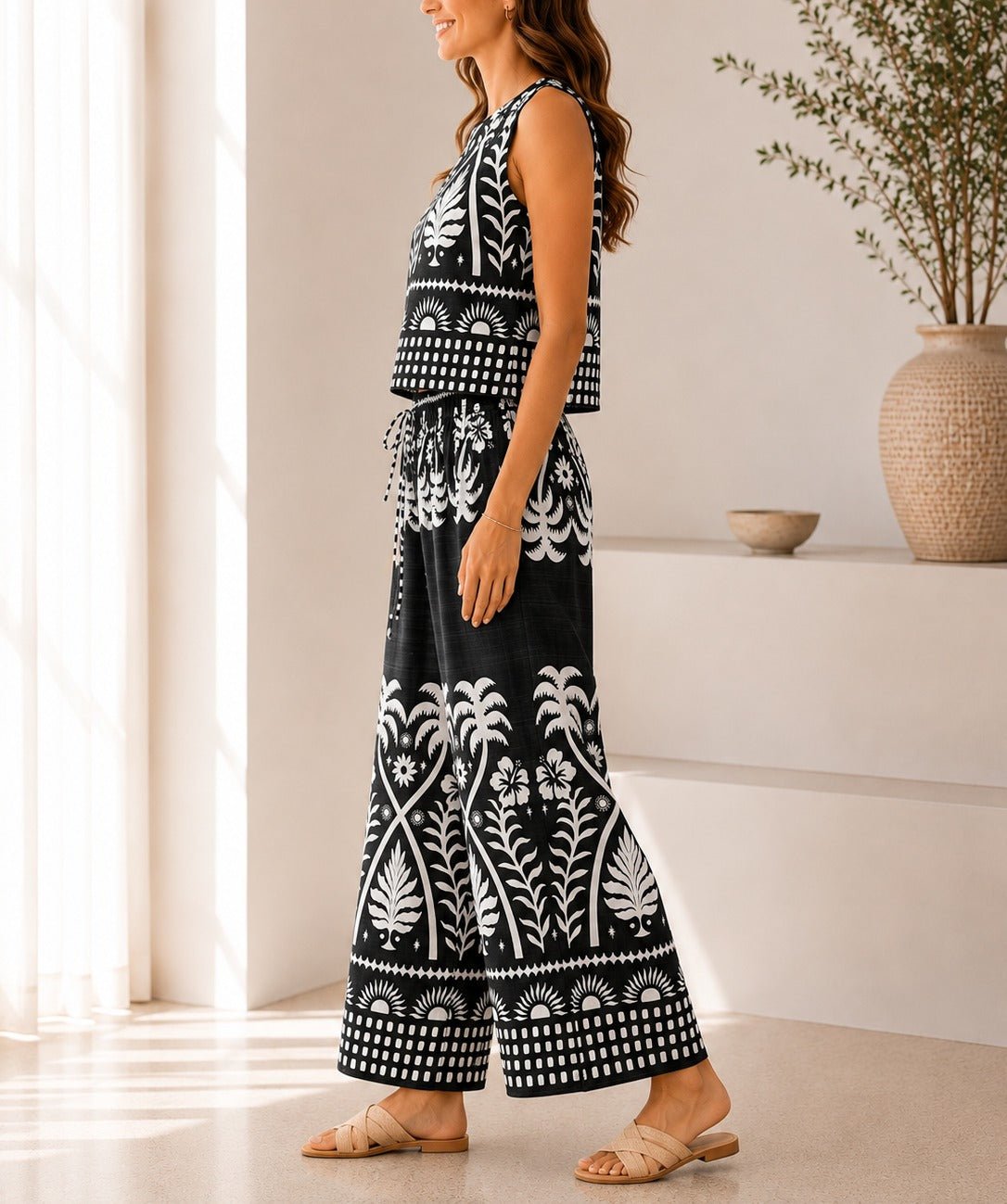 Ladies Dark Green Tropical Print Wide Leg Two Piece - StylePhase SA