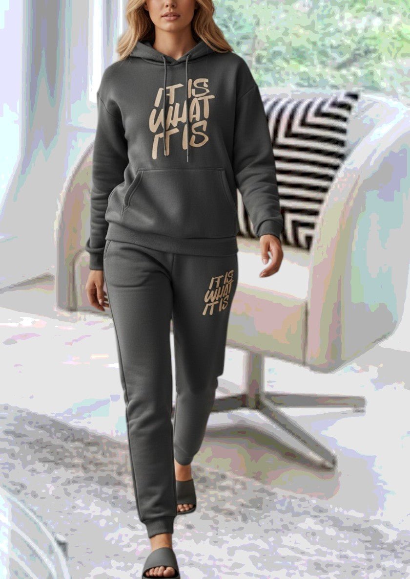 Ladies Dark Grey Printed Fleece Tracksuit - It Is What It Is - StylePhase SA
