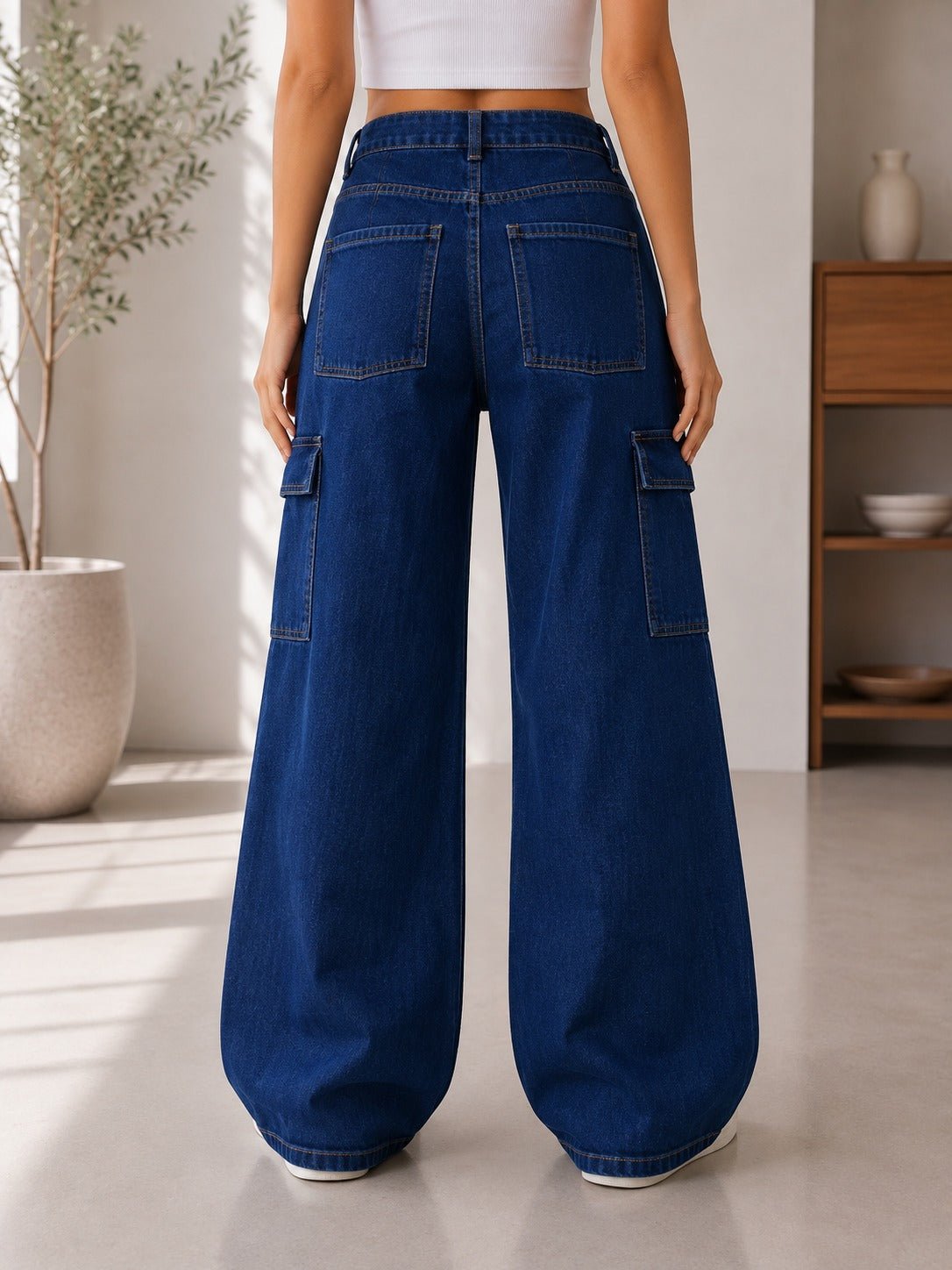 Ladies Dark Wash Wide Leg Cargo Jeans - StylePhase SA