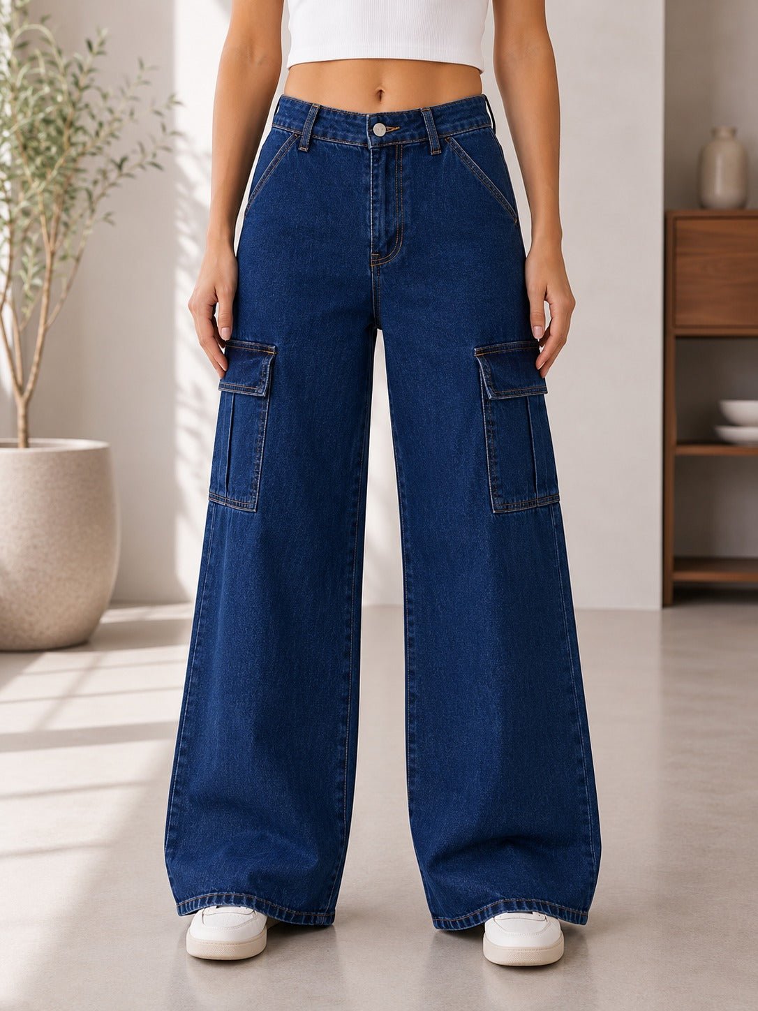 Ladies Dark Wash Wide Leg Cargo Jeans - StylePhase SA