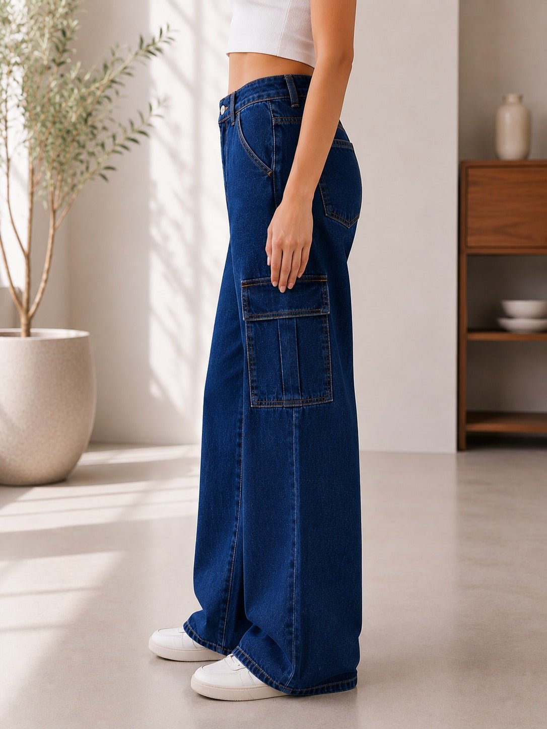 Ladies Dark Wash Wide Leg Cargo Jeans - StylePhase SA