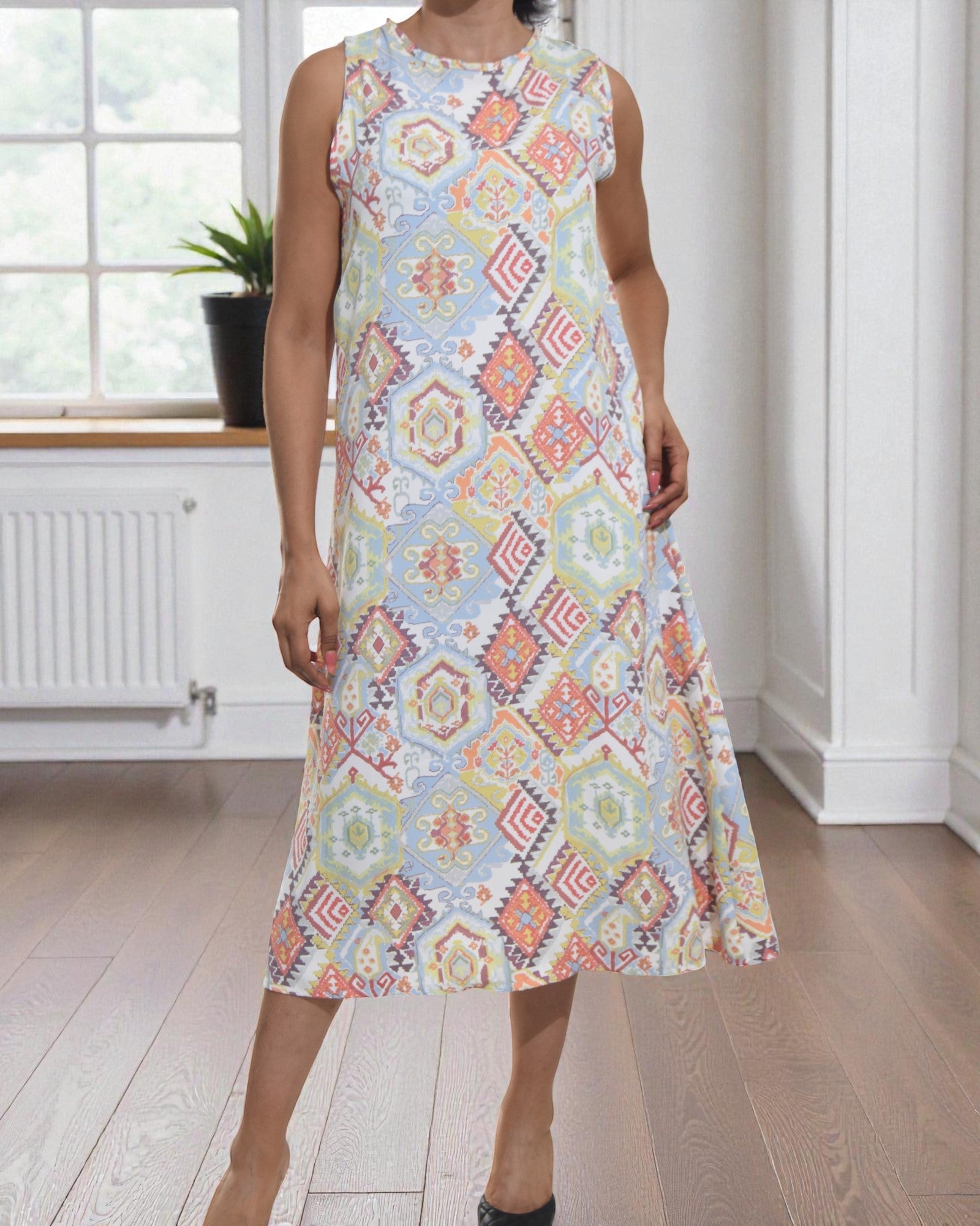 Ladies Diamond Print Midi Sleeveless Dress - StylePhase SA
