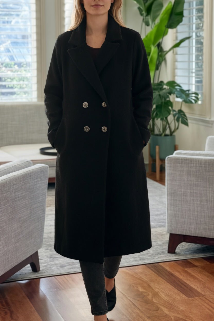 Ladies Double Breast Black Melton Coat - StylePhase SA
