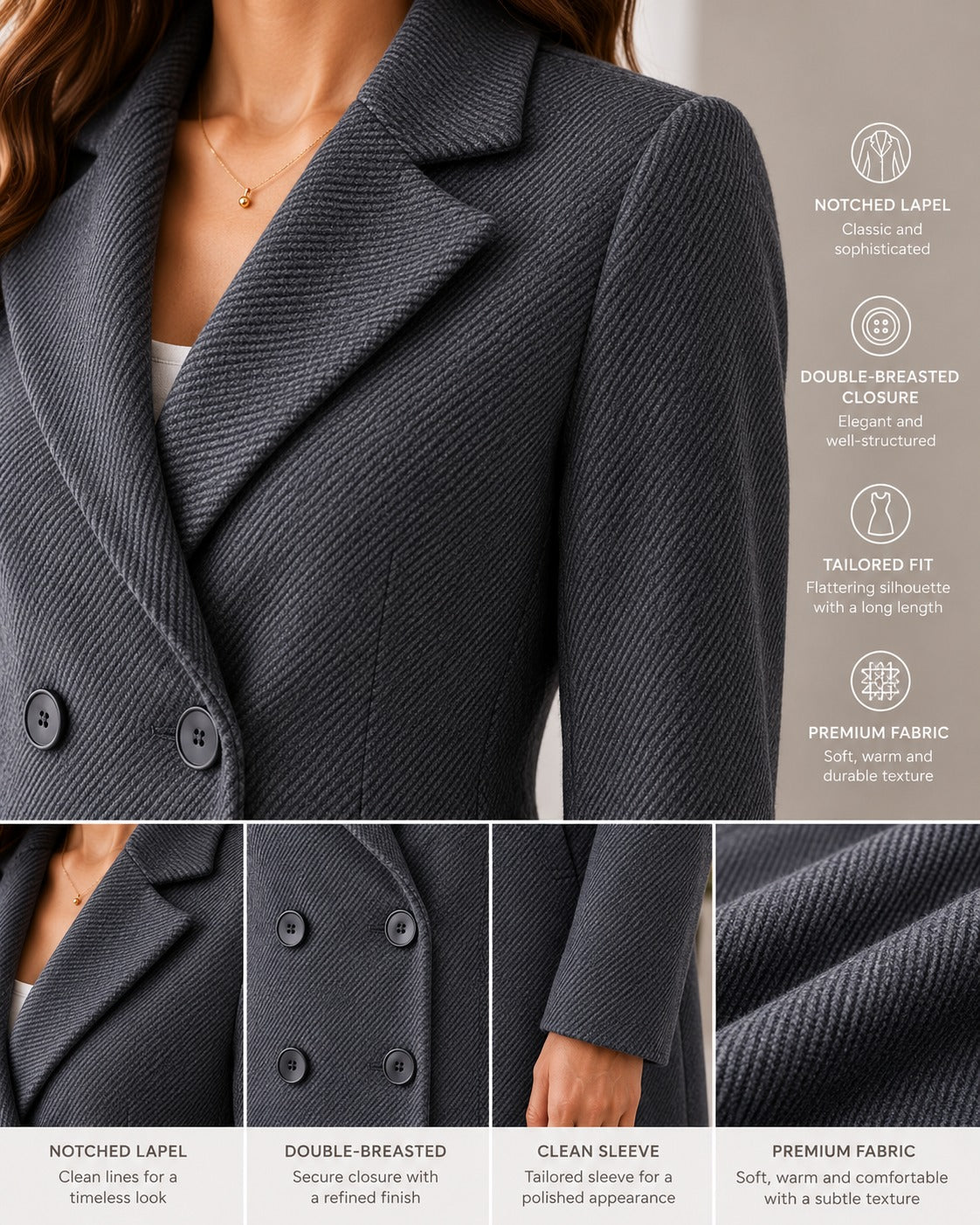 Ladies Double Breast Melton Coat Charcoal Grey - StylePhase SA