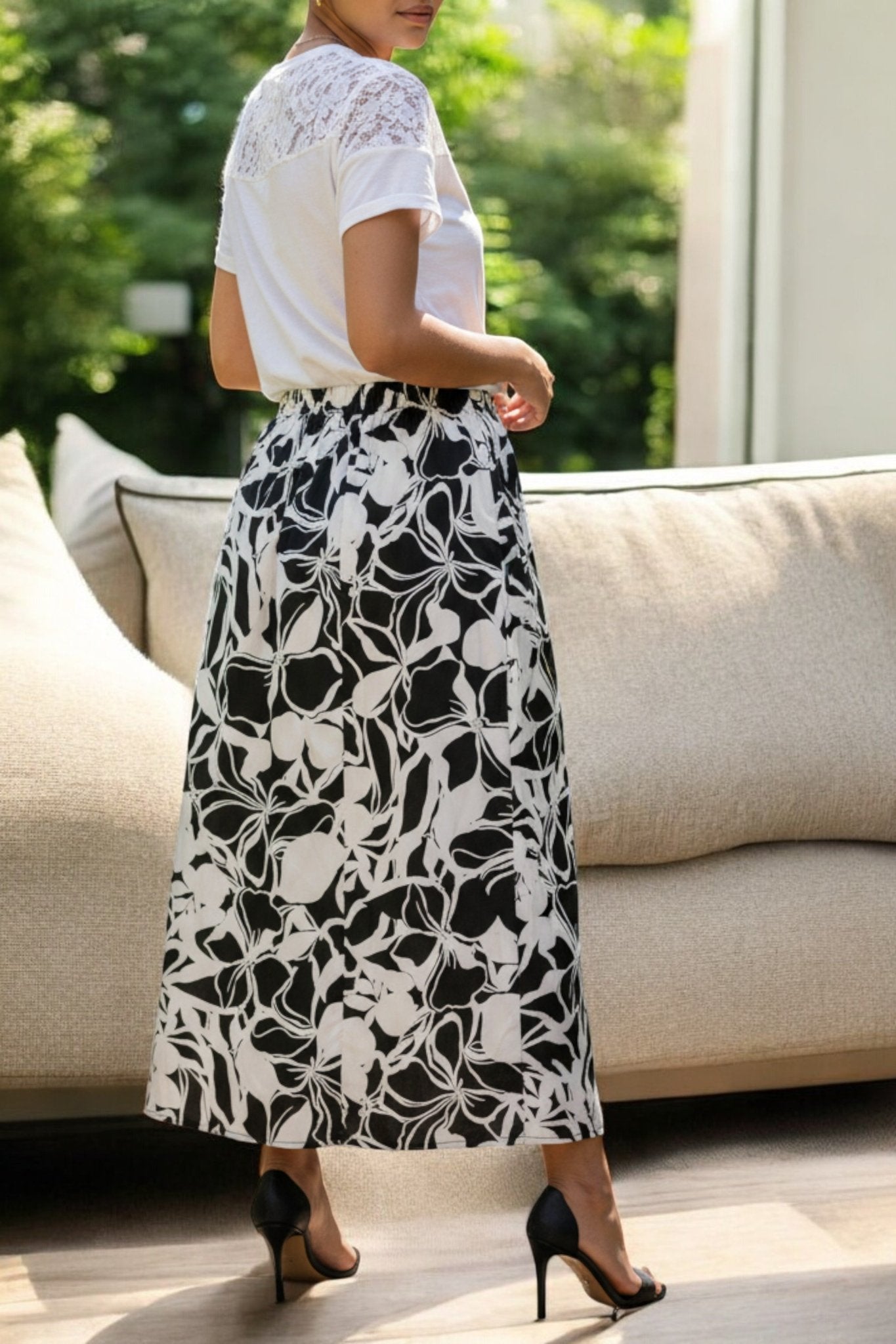 Ladies Elastic Skirt - Black Floral - StylePhase SA