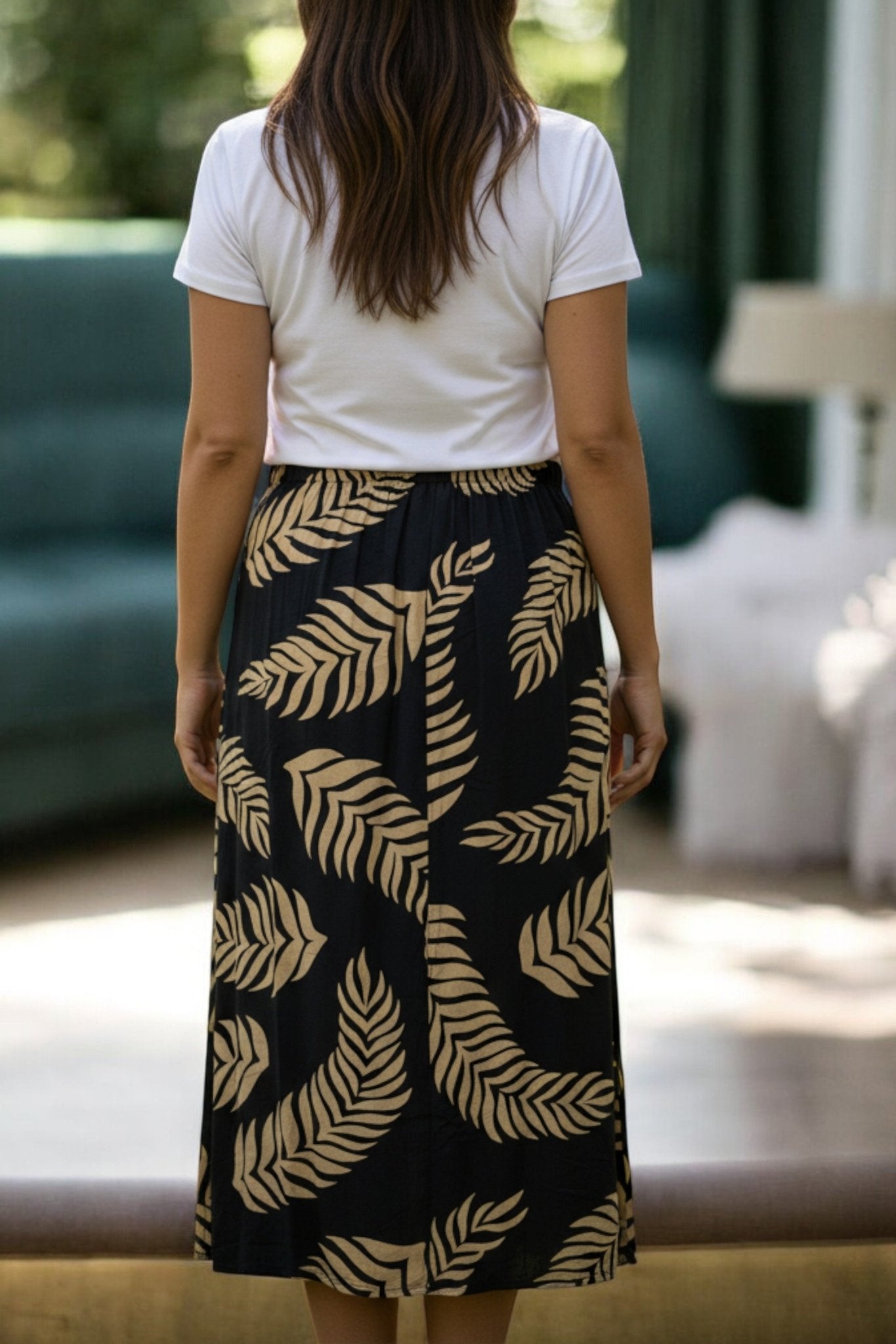 Ladies Elastic Skirt - Brown Fern Print - StylePhase SA