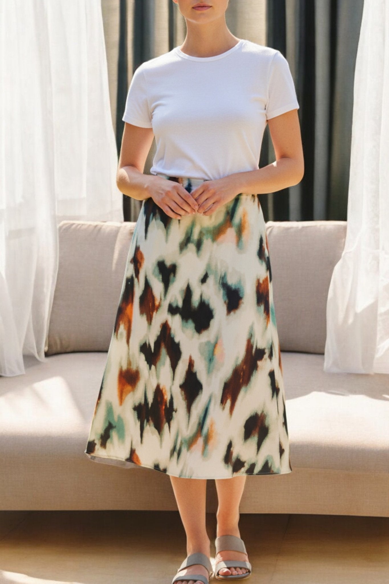 Ladies Elastic Skirt - Cream And Rust - StylePhase SA