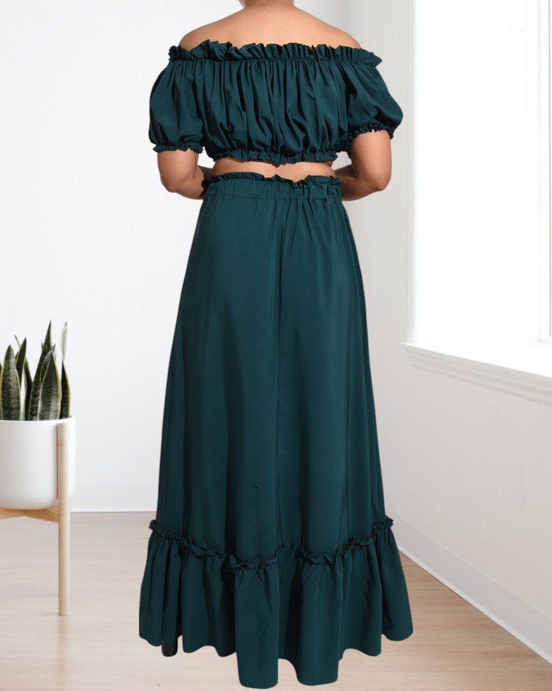 Ladies Emerald Ruffle Trim Crop Top and High Slit Skirt Set - StylePhase SA