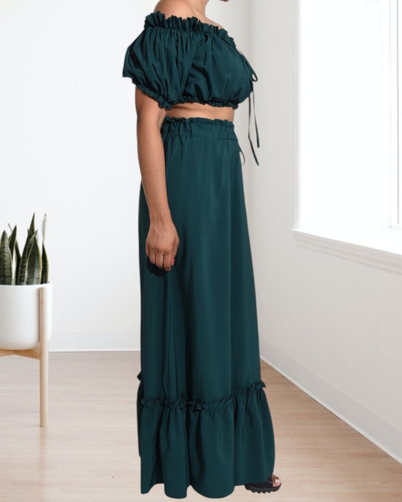 Ladies Emerald Ruffle Trim Crop Top and High Slit Skirt Set - StylePhase SA