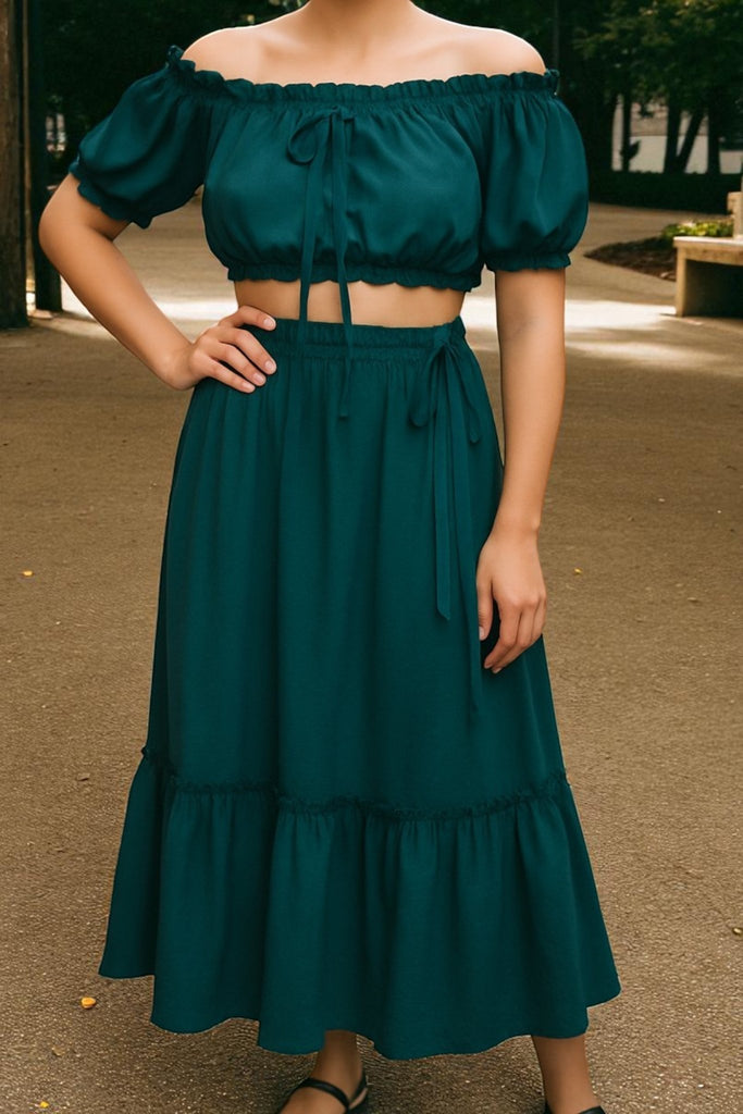 Ladies Emerald Ruffle Trim Crop Top and High Slit Skirt Set - StylePhase SA