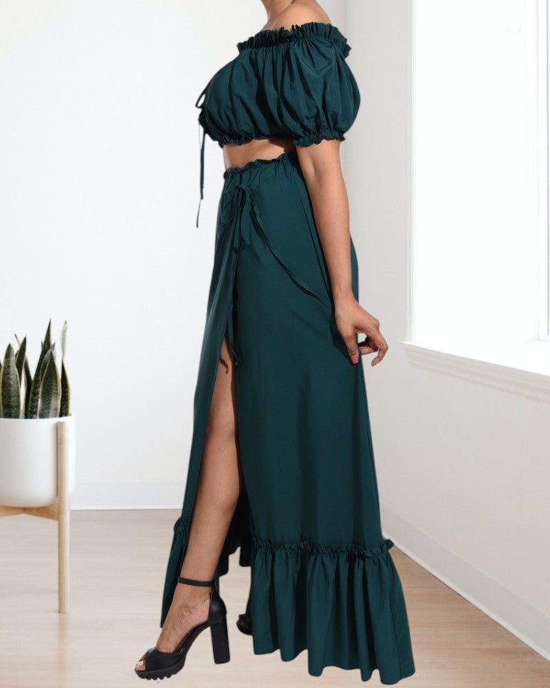 Ladies Emerald Ruffle Trim Crop Top and High Slit Skirt Set - StylePhase SA