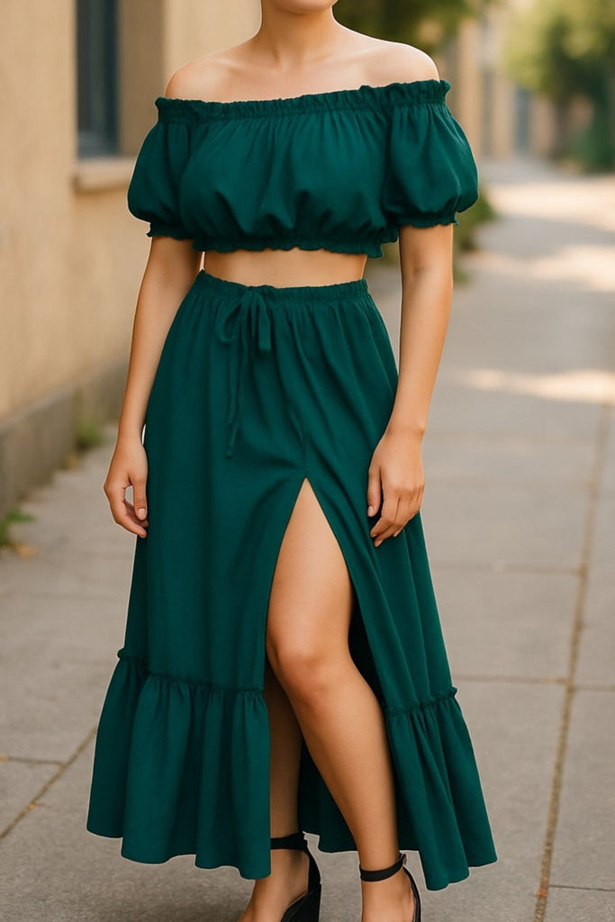Ladies Emerald Ruffle Trim Crop Top and High Slit Skirt Set - StylePhase SA