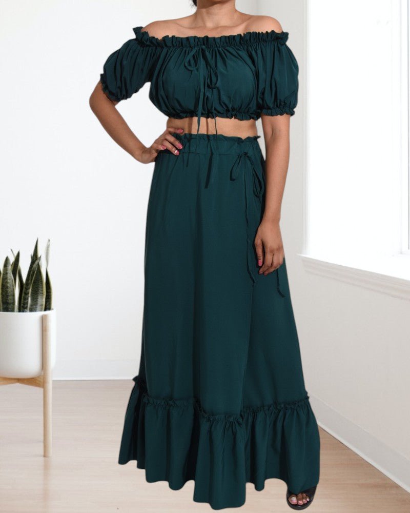 Ladies Emerald Ruffle Trim Crop Top and High Slit Skirt Set - StylePhase SA