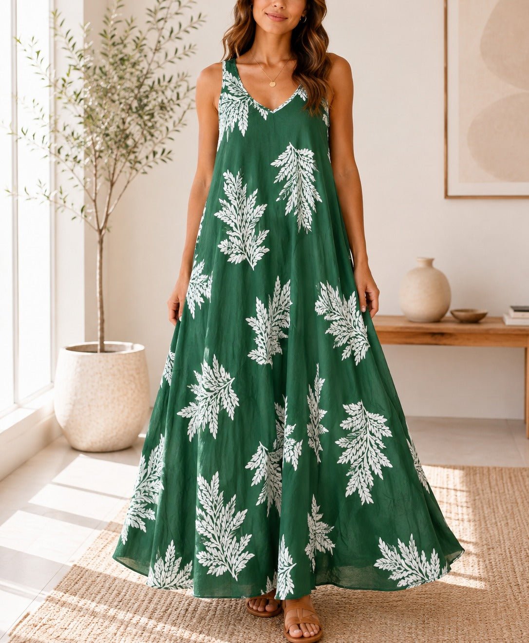 Ladies Fern Print Maxi Dress -Dark Green - StylePhase SA