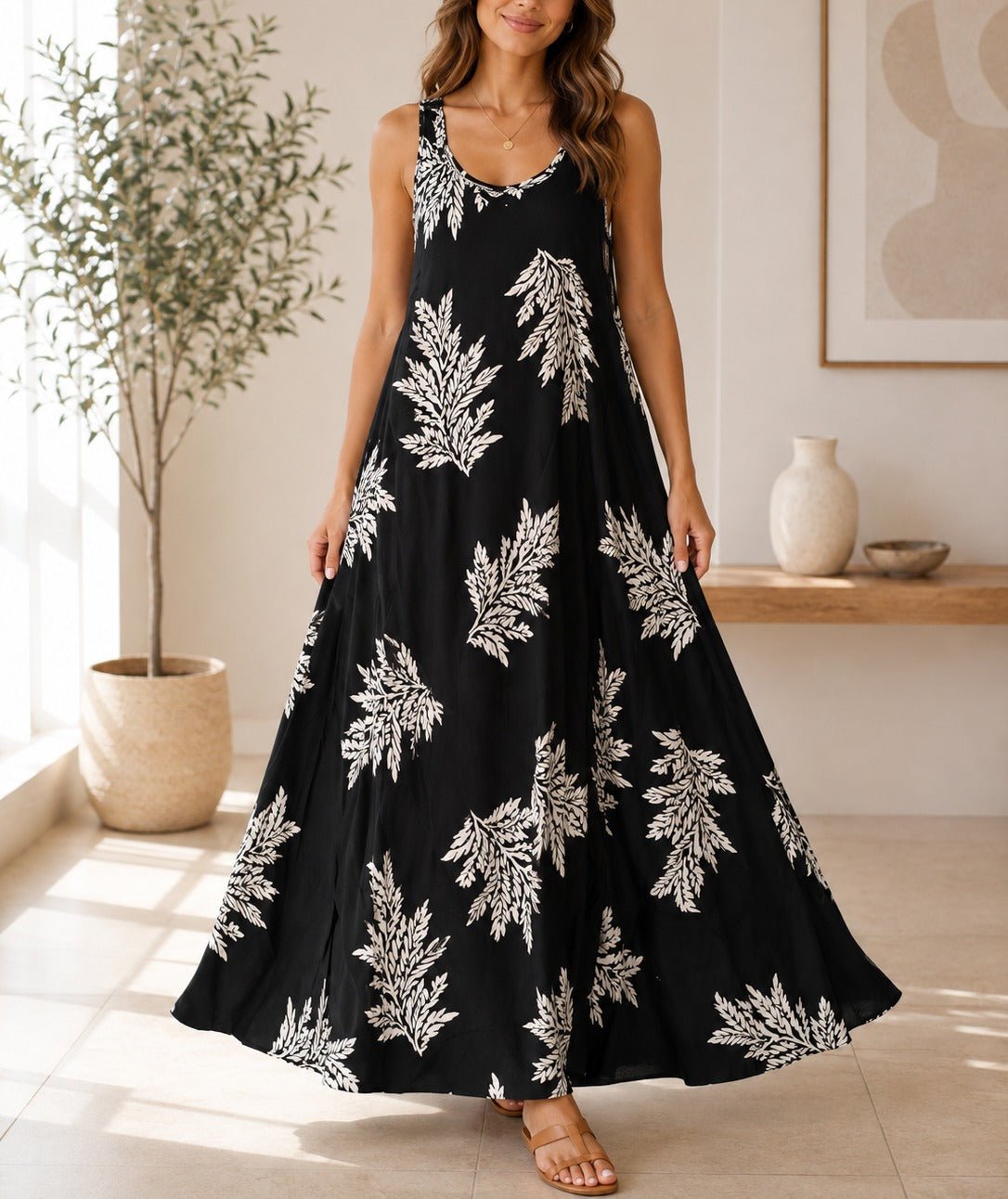 Ladies Fern Print Maxi Pocket Dress -Black - StylePhase SA